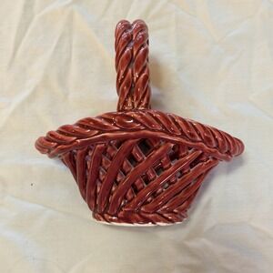 Vintage Woven Art Ceramic Pottery Red Lattice Basket Decoration Cottagecore
